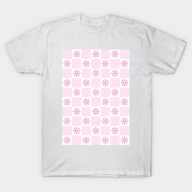 Retro Pink Checkered Floral Pattern T-Shirt by Just a Cute World